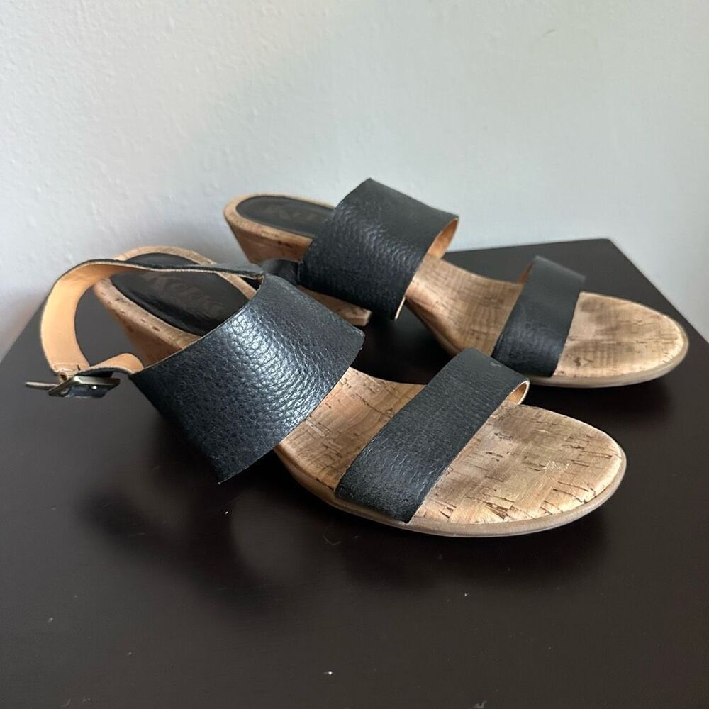 Korks by Kork-Ease Cork Wedge Sandals Black Leather size 10